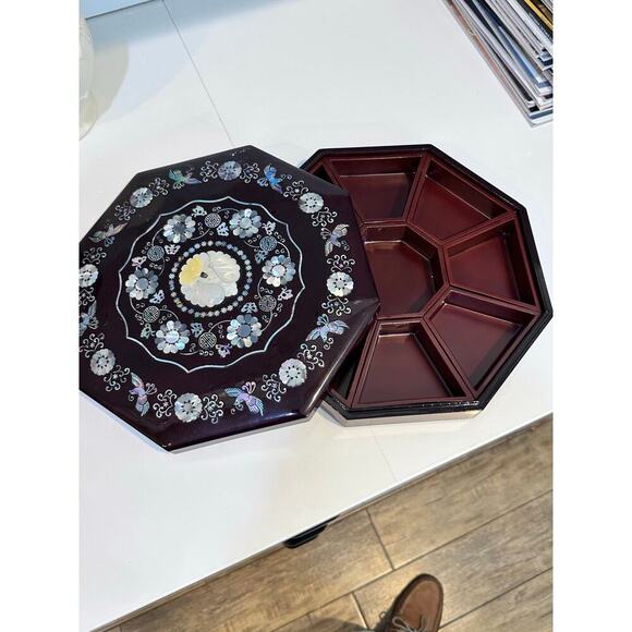 Asian Lacquer Abalone Black Octagonal Compartment Box Large trinket jewelry - Picture 2 of 8